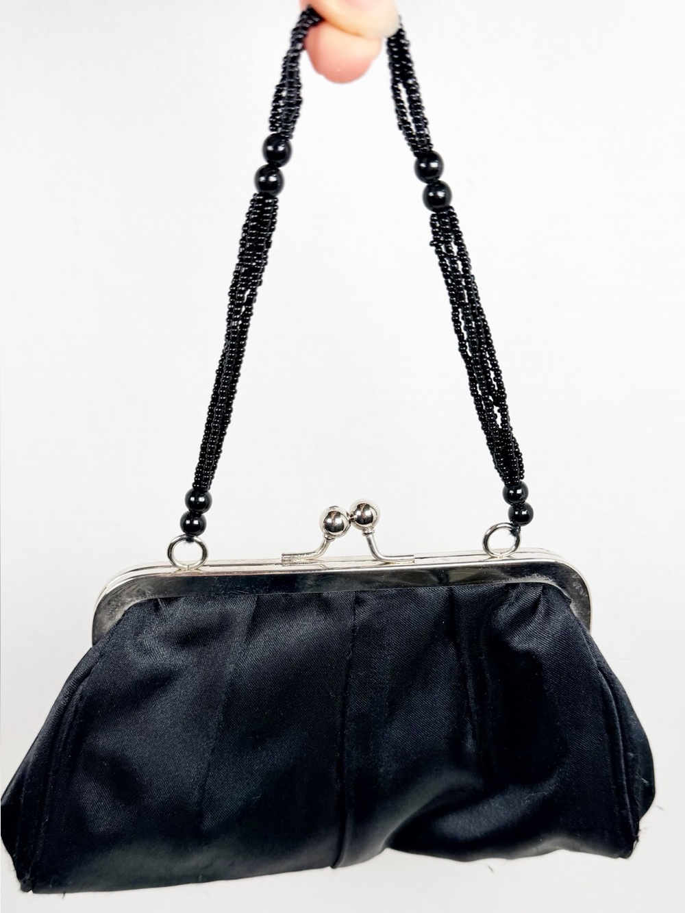 Black Satin Beaded-Handle Evening Clutch